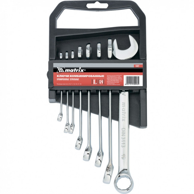 Набор ключей комбинированных, 6-19 мм, 8 шт, CrV, полированный хром Matrix, ( 15422 ) Набор ключей комбинированных, 6-19 мм, 8 шт, CrV, полированный хром Matrix, ( 15422 )