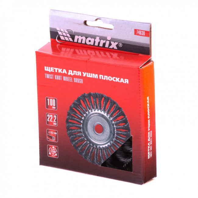 Щетка для УШМ 100 мм, посадка 22,2 мм, плоская, крученая проволока 0,5 мм Matrix, ( 74630 ) Щетка для УШМ 100 мм, посадка 22,2 мм, плоская, крученая проволока 0,5 мм Matrix, ( 74630 )