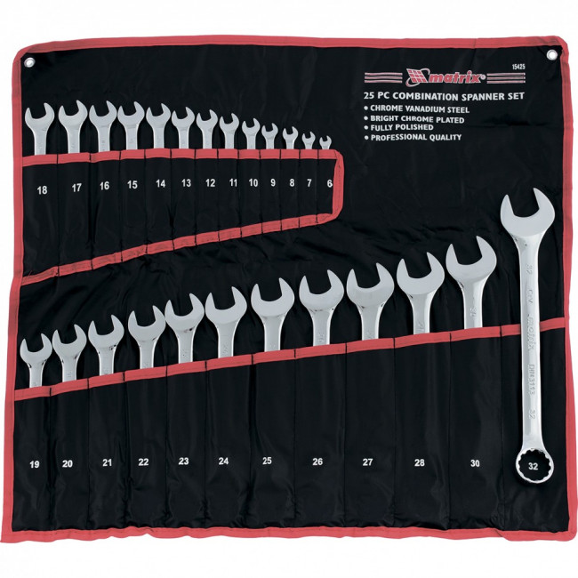 Набор ключей комбинированных, 6-32 мм, 25 шт, CrV, полированный хром Matrix, ( 15425 ) Набор ключей комбинированных, 6-32 мм, 25 шт, CrV, полированный хром Matrix, ( 15425 )