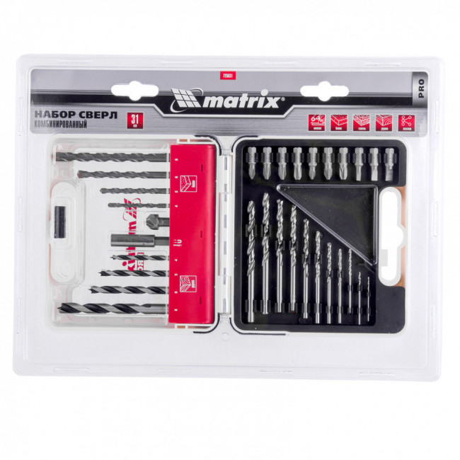 Набор сверл комбинированный, сверла по металлу 1-6 мм, бетону 4-8 мм, дереву 4-8 мм, биты 10 шт, адаптер, зенковка, 31 предмет Pro Matrix, ( 725631 ) Набор сверл комбинированный, сверла по металлу 1-6 мм, бетону 4-8 мм, дереву 4-8 мм, биты 10 шт, адаптер, зенковка, 31 предмет Pro Matrix, ( 725631 )