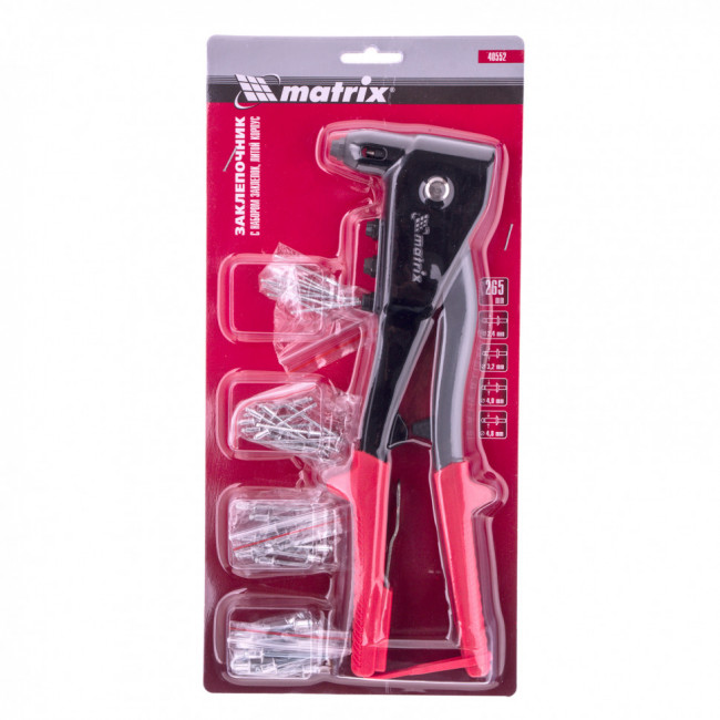 Заклепочник литой, 260 мм, с набором заклепок, заклепки 2,4-3,2-4,0-4,8 мм Matrix, ( 40552 ) Заклепочник литой, 260 мм, с набором заклепок, заклепки 2,4-3,2-4,0-4,8 мм Matrix, ( 40552 )