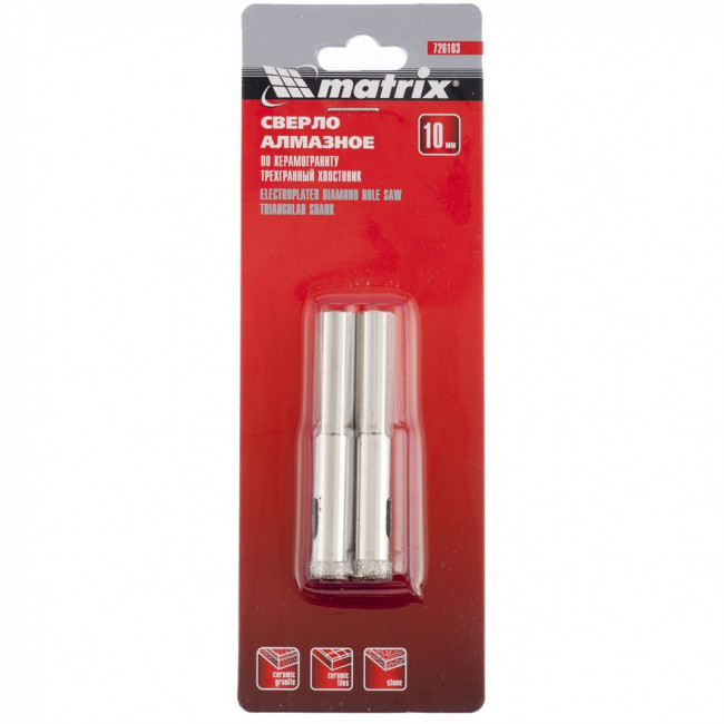Сверло алмазное по керамограниту, 6 х 67 мм, трехгранный хвостовик, 2 шт Matrix, ( 726063 ) Сверло алмазное по керамограниту, 6 х 67 мм, трехгранный хвостовик, 2 шт Matrix, ( 726063 )