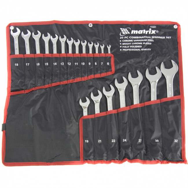Набор ключей комбинированных 6-32 мм, 20 шт, CrV, полированный хром Matrix, ( 15441 ) Набор ключей комбинированных 6-32 мм, 20 шт, CrV, полированный хром Matrix, ( 15441 )