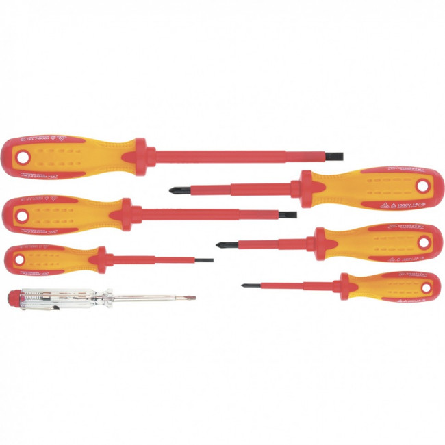 Набор диэлектрических отверток 7 шт, до 1000 В, пробник электрический до 250 В, двухкомпонентные рукоятки Matrix Professional, ( 13355 ) Набор диэлектрических отверток 7 шт, до 1000 В, пробник электрический до 250 В, двухкомпонентные рукоятки Matrix Professional, ( 13355 )