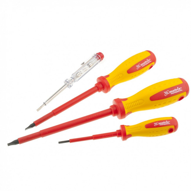 Набор диэлектрических отверток 7 шт, до 1000 В, пробник электрический до 250 В, двухкомпонентные рукоятки Matrix Professional, ( 13355 ) Набор диэлектрических отверток 7 шт, до 1000 В, пробник электрический до 250 В, двухкомпонентные рукоятки Matrix Professional, ( 13355 )