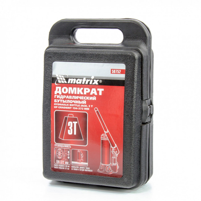 Домкрат гидравлический бутылочный, 3 т, высота подъема 194-372 мм, в пластиковый кейсе Matrix Master, ( 50752 ) Домкрат гидравлический бутылочный, 3 т, высота подъема 194-372 мм, в пластиковый кейсе Matrix Master, ( 50752 )