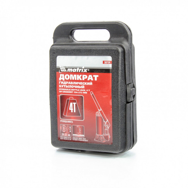 Домкрат гидравлический бутылочный, 4 т, высота подъема 194-372 мм, в пластиковый кейсе Matrix Master, ( 50754 ) Домкрат гидравлический бутылочный, 4 т, высота подъема 194-372 мм, в пластиковый кейсе Matrix Master, ( 50754 )