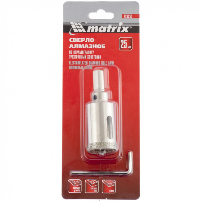 Сверло алмазное по керамограниту, 25 х 67 мм, трехгранный хвостовик Matrix, ( 726253 ) Сверло алмазное по керамограниту, 25 х 67 мм, трехгранный хвостовик Matrix, ( 726253 )