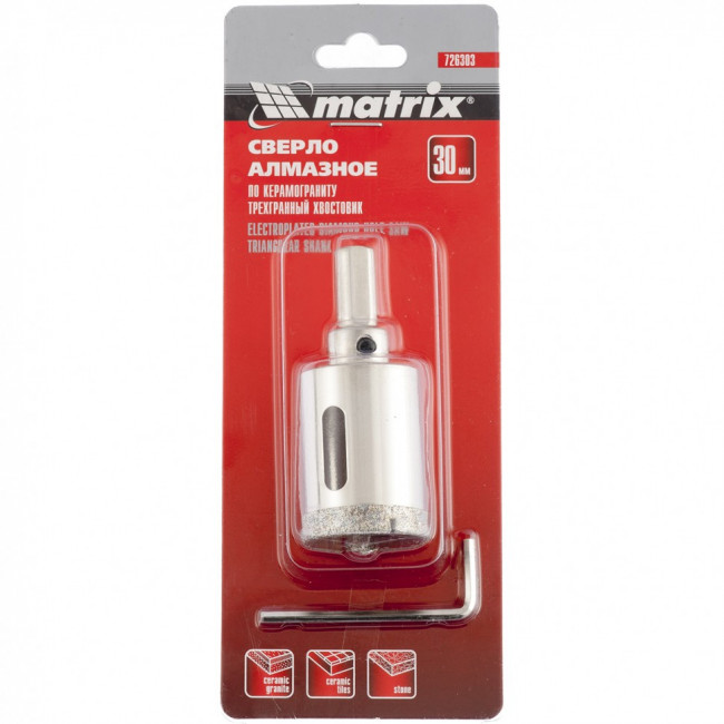 Сверло алмазное по керамограниту, 30 х 67 мм, трехгранный хвостовик Matrix, ( 726303 ) Сверло алмазное по керамограниту, 30 х 67 мм, трехгранный хвостовик Matrix, ( 726303 )