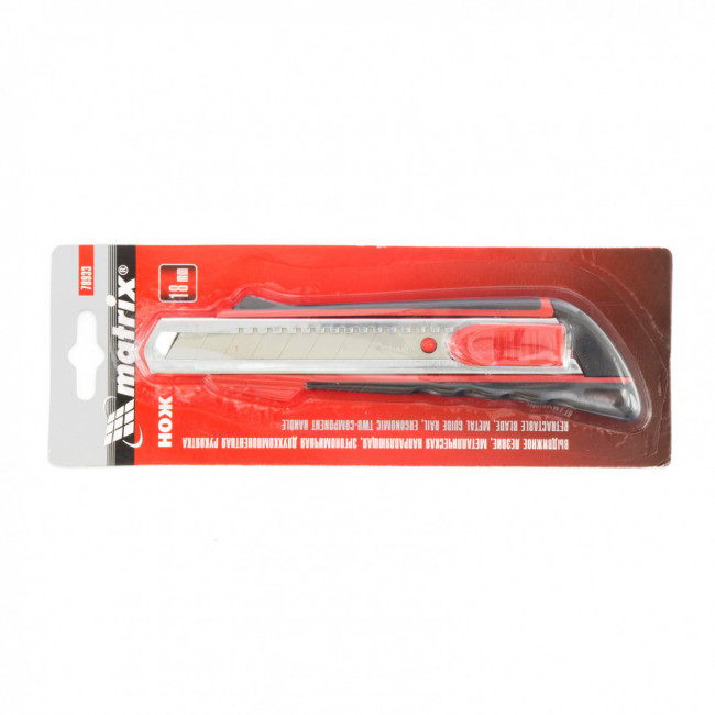 Нож, 18 мм, выдвижное лезвие, металлическая направляющая, эргономичная двухкомпонентная рукоятка MTRIX, ( 78933 ) Нож, 18 мм, выдвижное лезвие, металлическая направляющая, эргономичная двухкомпонентная рукоятка MTRIX, ( 78933 )