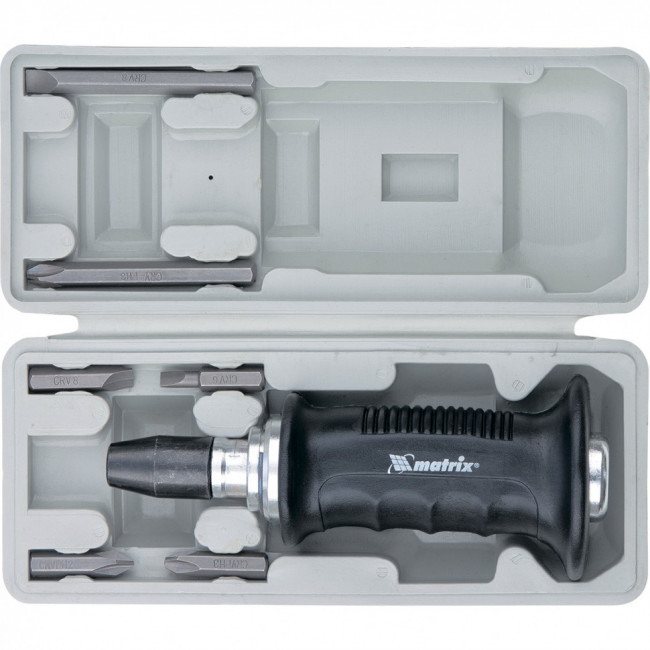 Отвертка ударно-поворотная 1/2, набор бит, 6 шт, черная ручка Профи, пластиковый бокс Matrix, ( 11561 ) Отвертка ударно-поворотная 1/2, набор бит, 6 шт, черная ручка Профи, пластиковый бокс Matrix, ( 11561 )