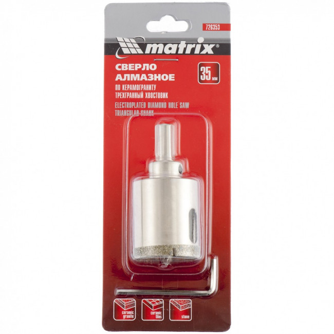 Сверло алмазное по керамограниту, 35 х 67 мм, трехгранный хвостовик Matrix, ( 726353 ) Сверло алмазное по керамограниту, 35 х 67 мм, трехгранный хвостовик Matrix, ( 726353 )
