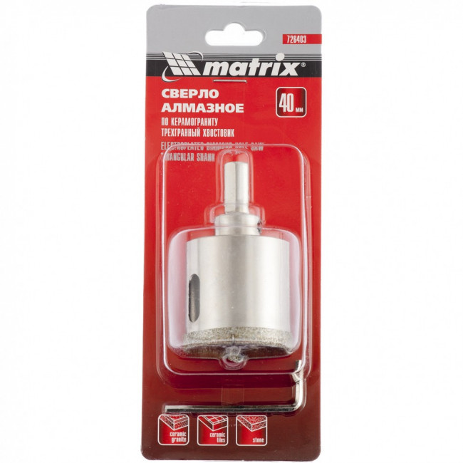 Сверло алмазное по керамограниту, 40 х 67 мм, трехгранный хвостовик Matrix, ( 726403 ) Сверло алмазное по керамограниту, 40 х 67 мм, трехгранный хвостовик Matrix, ( 726403 )