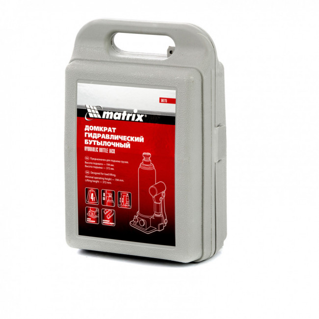 Домкрат гидравлический бутылочный, 4 т, h подъема 194-372 мм, в пластиковом кейсе Matrix, ( 50775 ) Домкрат гидравлический бутылочный, 4 т, h подъема 194-372 мм, в пластиковом кейсе Matrix, ( 50775 )