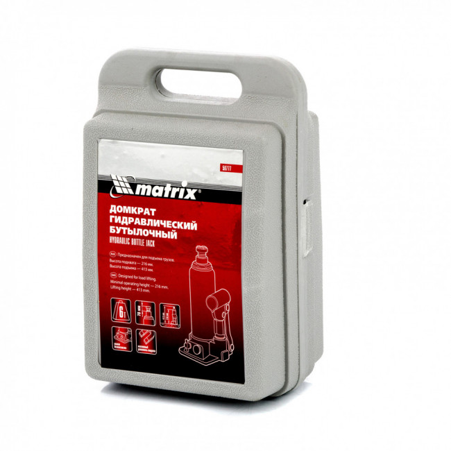 Домкрат гидравлический бутылочный, 6 т, h подъема 216-413 мм, в пластиковом кейсе Matrix, ( 50777 ) Домкрат гидравлический бутылочный, 6 т, h подъема 216-413 мм, в пластиковом кейсе Matrix, ( 50777 )
