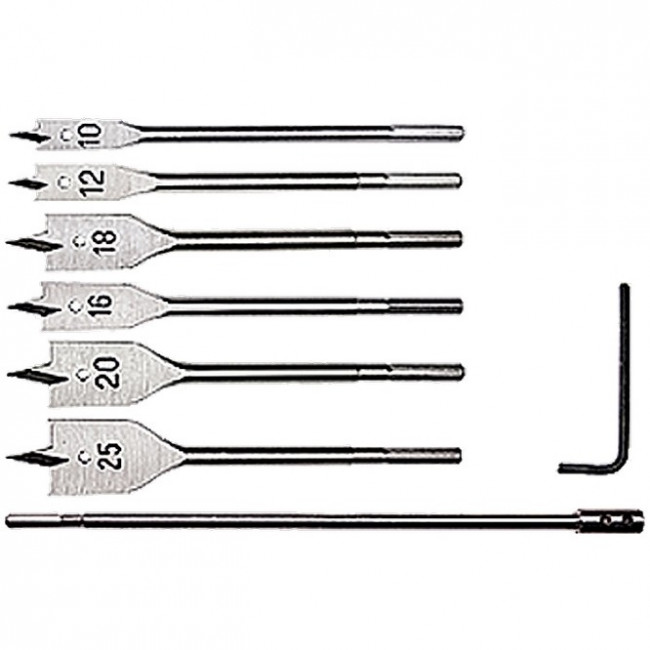 Набор сверл перовых по дереву, 10-12-16-18-20-25 мм, 6 шт, удлинитель 300 мм Matrix, ( 70406 ) Набор сверл перовых по дереву, 10-12-16-18-20-25 мм, 6 шт, удлинитель 300 мм Matrix, ( 70406 )