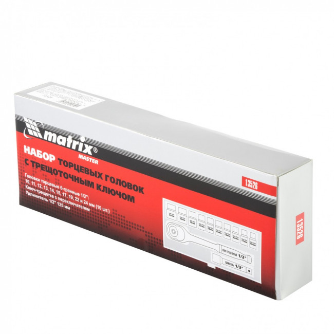Набор торцевых головок, 1/2, головки 10-24 мм, с трещоточным ключом, 12 предметов Matrix Master, ( 13526 ) Набор торцевых головок, 1/2, головки 10-24 мм, с трещоточным ключом, 12 предметов Matrix Master, ( 13526 )