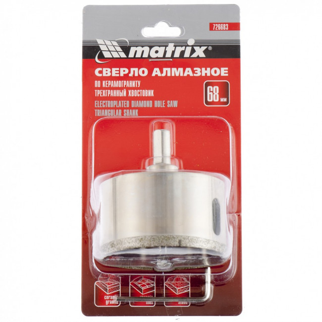 Сверло алмазное по керамограниту, 68 х 67 мм, трехгранный хвостовик Matrix, ( 726683 ) Сверло алмазное по керамограниту, 68 х 67 мм, трехгранный хвостовик Matrix, ( 726683 )