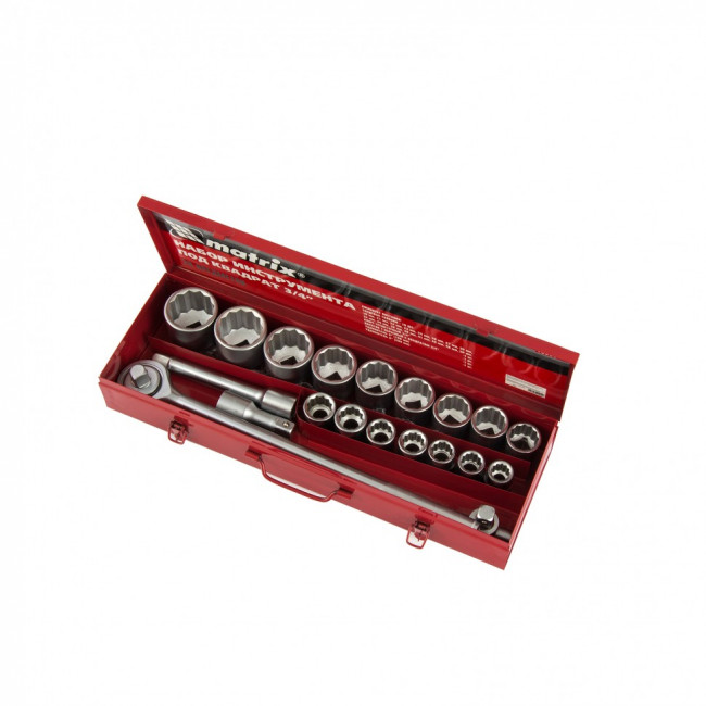 Набор торцевых головок, квадрат 3/4, 12 гранные головки 19 х 50 мм, 20 предметов, в металлическом боксе Matrix, ( 13536 ) Набор торцевых головок, квадрат 3/4, 12 гранные головки 19 х 50 мм, 20 предметов, в металлическом боксе Matrix, ( 13536 )