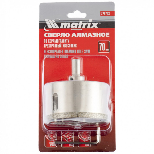 Сверло алмазное по керамограниту, 70 х 67 мм, трехгранный хвостовик Matrix, ( 726703 ) Сверло алмазное по керамограниту, 70 х 67 мм, трехгранный хвостовик Matrix, ( 726703 )