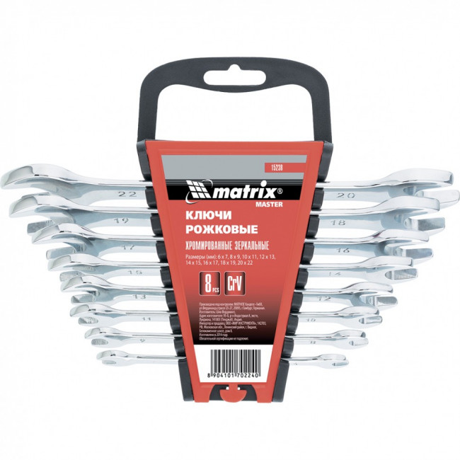 Набор ключей рожковых 8 шт, 6-22мм, CrV, Elliptical, зеркальное хромирование Matrix Master, ( 15238 ) Набор ключей рожковых 8 шт, 6-22мм, CrV, Elliptical, зеркальное хромирование Matrix Master, ( 15238 )