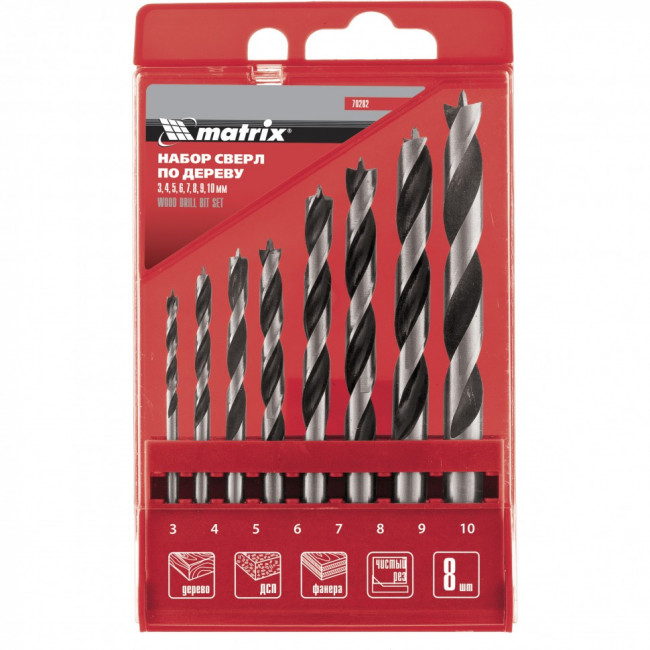 Набор сверл по дереву, 3-4-5-6-7-8-9-10 мм, 8 шт, цилиндрический хвостовиковик, пластиковый кейс, Matrix, ( 70282 ) Набор сверл по дереву, 3-4-5-6-7-8-9-10 мм, 8 шт, цилиндрический хвостовиковик, пластиковый кейс, Matrix, ( 70282 )