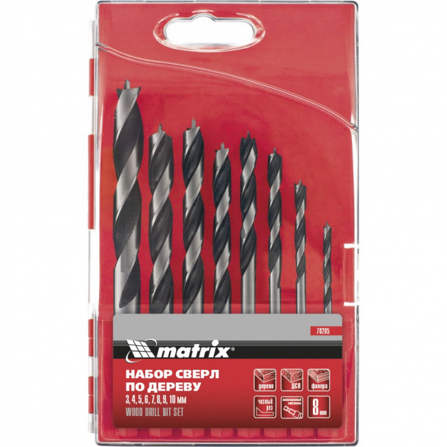 Набор сверл по дереву, 3-4-5-6-7-8-9-10 мм, 8 шт, шестигранный хвостовик, пластиковый кейс, Matrix, ( 70285 ) Набор сверл по дереву, 3-4-5-6-7-8-9-10 мм, 8 шт, шестигранный хвостовик, пластиковый кейс, Matrix, ( 70285 )