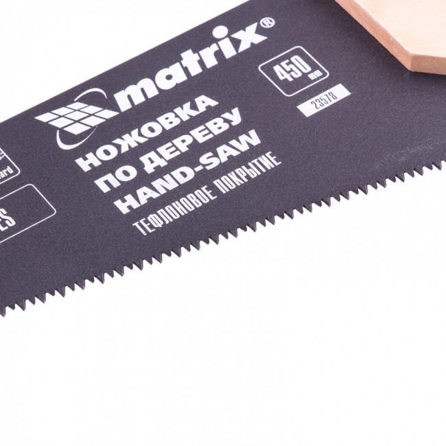 Ножовка по дереву, 450 мм, 7-8 TPI, зуб-3D, каленный зуб, тефлоновое покрытие, деревянная рукоятка Matrix, ( 23578 ) Ножовка по дереву, 450 мм, 7-8 TPI, зуб-3D, каленный зуб, тефлоновое покрытие, деревянная рукоятка Matrix, ( 23578 )