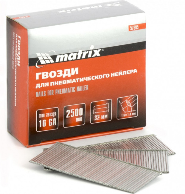 Гвозди для пневматического нейлера 16GA, сечение 1,6 х 1,4, длина 32 мм, 2500 шт Matrix, ( 57605 ) Гвозди для пневматического нейлера 16GA, сечение 1,6 х 1,4, длина 32 мм, 2500 шт Matrix, ( 57605 )