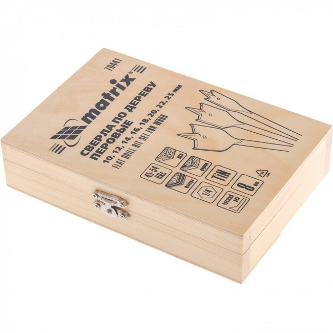 Набор сверл перовых по дереву, 10-12-14-16-18-20-22-25 мм, 8 шт, деревянный кейс Matrix, ( 70441 ) Набор сверл перовых по дереву, 10-12-14-16-18-20-22-25 мм, 8 шт, деревянный кейс Matrix, ( 70441 )