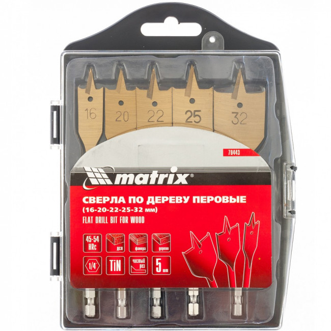 Набор сверл перовых по дереву, 16-20-22-25-32 мм, 5 шт, пластиковый кейс, Matrix, ( 70443 ) Набор сверл перовых по дереву, 16-20-22-25-32 мм, 5 шт, пластиковый кейс, Matrix, ( 70443 )