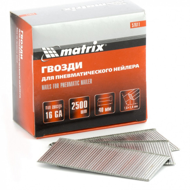Гвозди для пневматического нейлера 16GA, сечение 1,6 х 1,4, длина 40 мм, 2500 шт Matrix, ( 57611 ) Гвозди для пневматического нейлера 16GA, сечение 1,6 х 1,4, длина 40 мм, 2500 шт Matrix, ( 57611 )