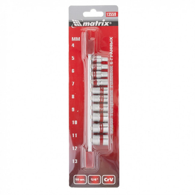Набор торцевых головок 1/4, шестигранные, CrV, 10 шт, 4-13 мм Matrix, ( 13559 ) Набор торцевых головок 1/4, шестигранные, CrV, 10 шт, 4-13 мм Matrix, ( 13559 )