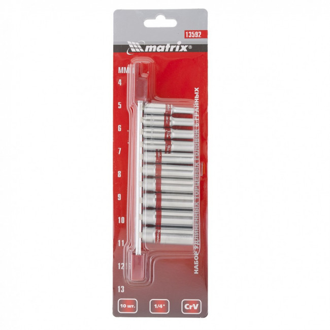 Набор удлиненных торцевых головок 1/4, шестигранные, CrV, 10 шт, 4-13 мм Matrix, ( 13592 ) Набор удлиненных торцевых головок 1/4, шестигранные, CrV, 10 шт, 4-13 мм Matrix, ( 13592 )