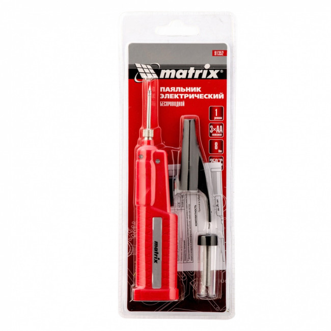 Паяльник беспроводной 4.5 В, 8 Вт, 350°С, припой 10 г, работа от элементов питания 3хАА Matrix ( 91352 ) Паяльник беспроводной 4.5 В, 8 Вт, 350°С, припой 10 г, работа от элементов питания 3хАА Matrix ( 91352 )