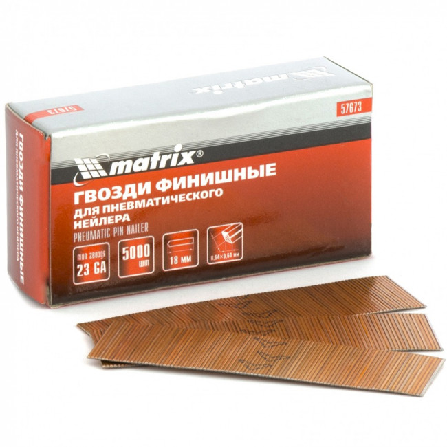 Гвозди финишные, (шпильки) 23GA для пневматического нейлера финишного D 0,64 мм, длина 18 мм, 5000 шт Matrix, ( 57673 ) Гвозди финишные, (шпильки) 23GA для пневматического нейлера финишного D 0,64 мм, длина 18 мм, 5000 шт Matrix, ( 57673 )